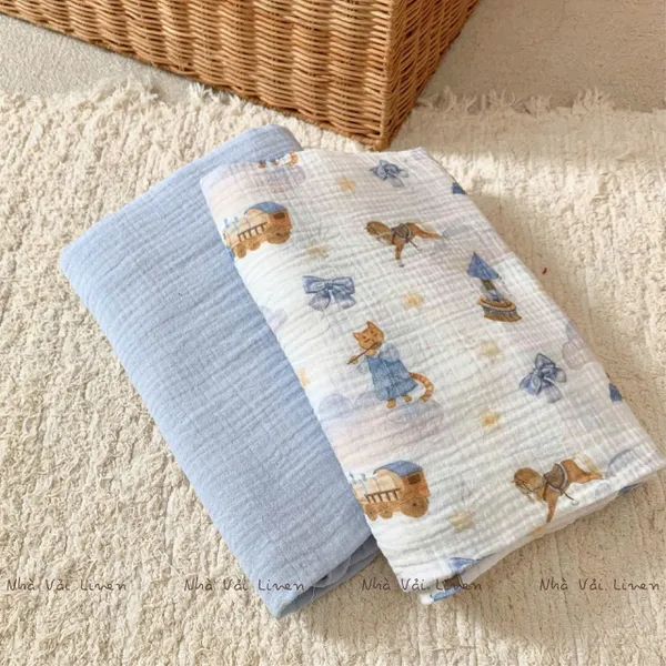 Xô muslin cao cấp 2 lớp hoạ tiết ngựa nâu