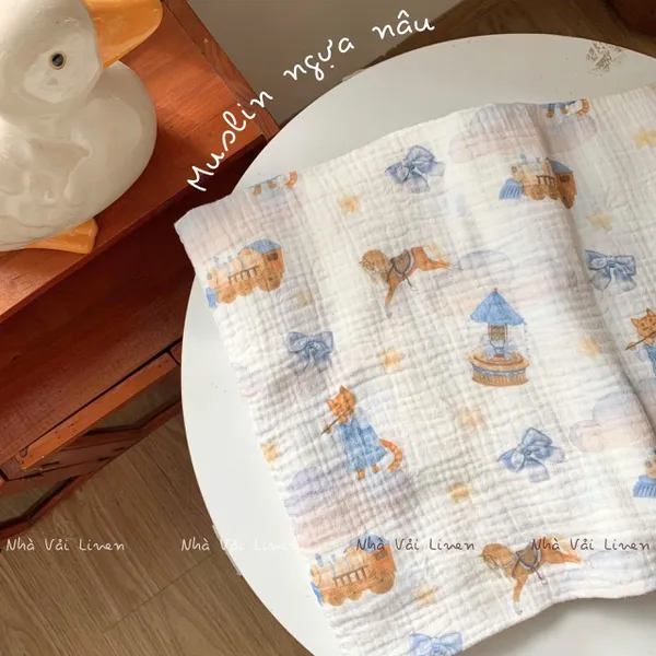 Xô muslin cao cấp 2 lớp hoạ tiết ngựa nâu