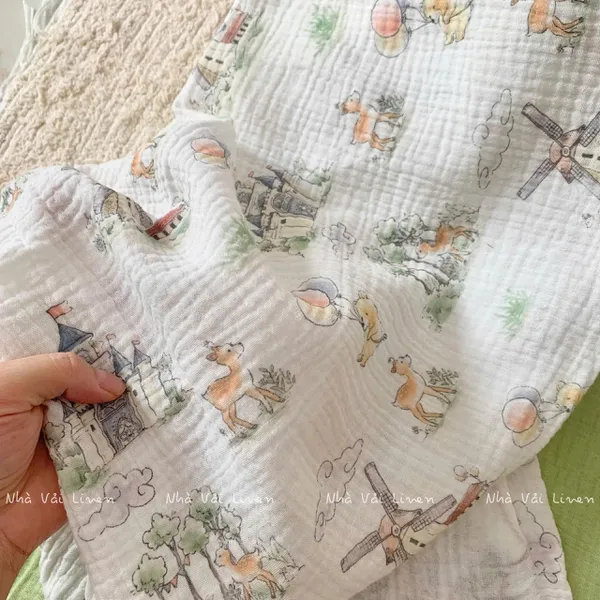 Xô muslin cao cấp 2 lớp hoạ tiết cối xay gió