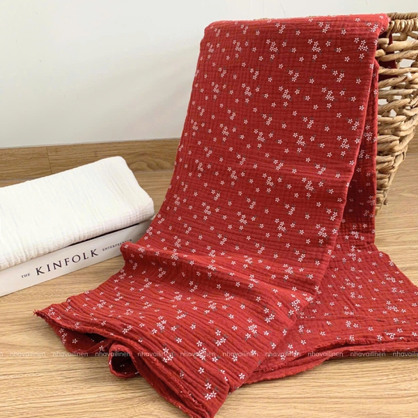 Xô muslin cao cấp 2 lớp hoạ tiết hoa mai trắng