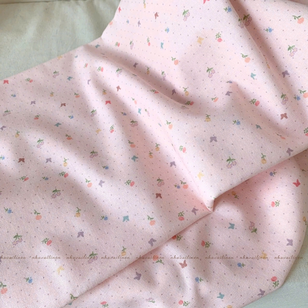 Vải linen bột hoa bướm nền hồng