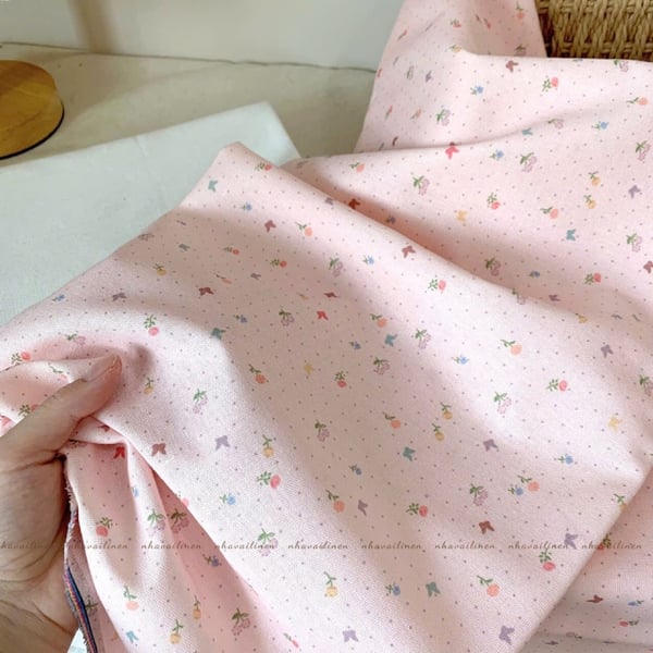 Vải linen bột hoa bướm nền hồng