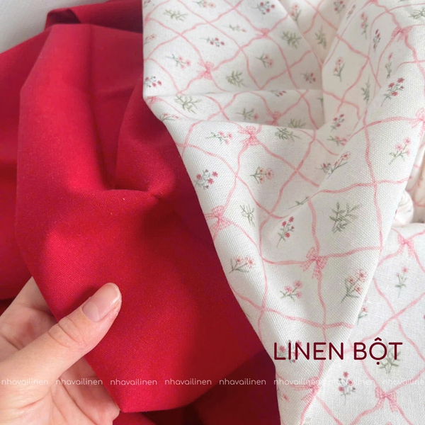 Vải linen bột ô chéo nơ hồng