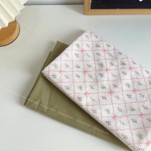 Vải linen bột ô chéo nơ hồng