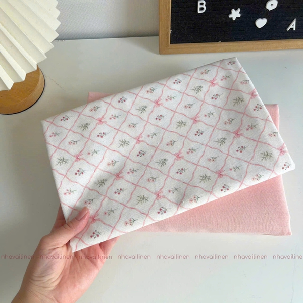 Vải linen bột ô chéo nơ hồng
