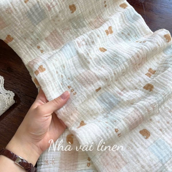 Xô muslin cao cấp 2 lớp hoạ tiết ô nơ gấu