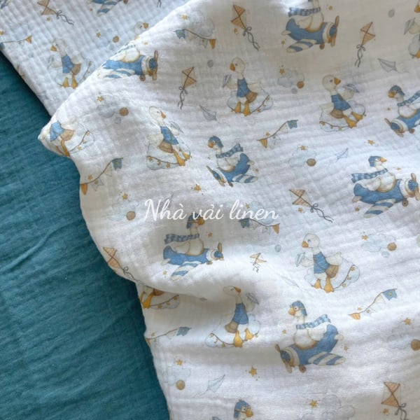 Xô muslin cao cấp 2 lớp hoạ tiết vịt xanh