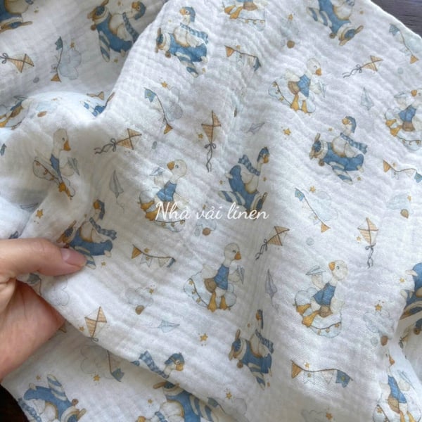 Xô muslin cao cấp 2 lớp hoạ tiết vịt xanh