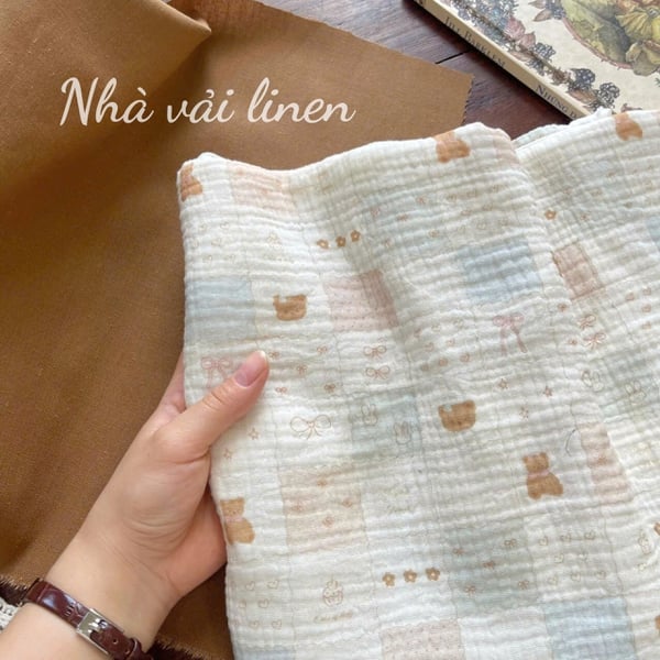 Xô muslin cao cấp 2 lớp hoạ tiết ô nơ gấu
