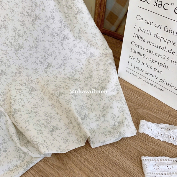 Vải cotton hoạ tiết rừng hoa dây xám