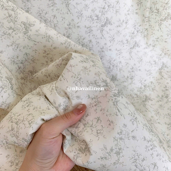Vải cotton hoạ tiết rừng hoa dây xám