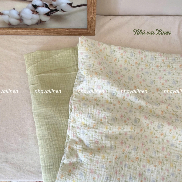 Xô muslin cao cấp 2 lớp hoạ tiết hoa nền xanh