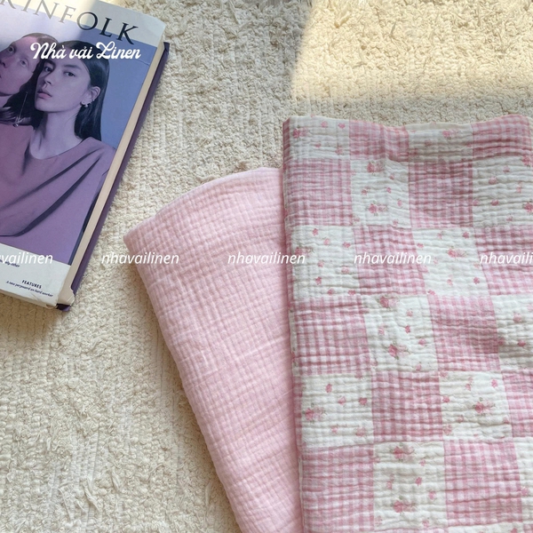 Xô muslin cao cấp 2 lớp hoạ tiết hoa caro hồng
