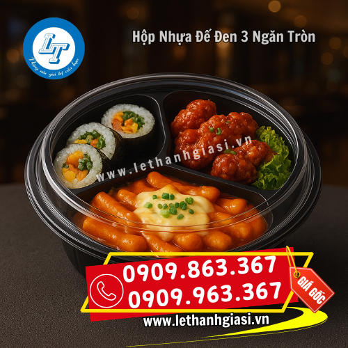 hộp nhựa tròn đế đen 3 ngăn chia thức ăn tiện lợi hộp nhựa tròn đế đen 3 ngăn chia thức ăn tiện lợi