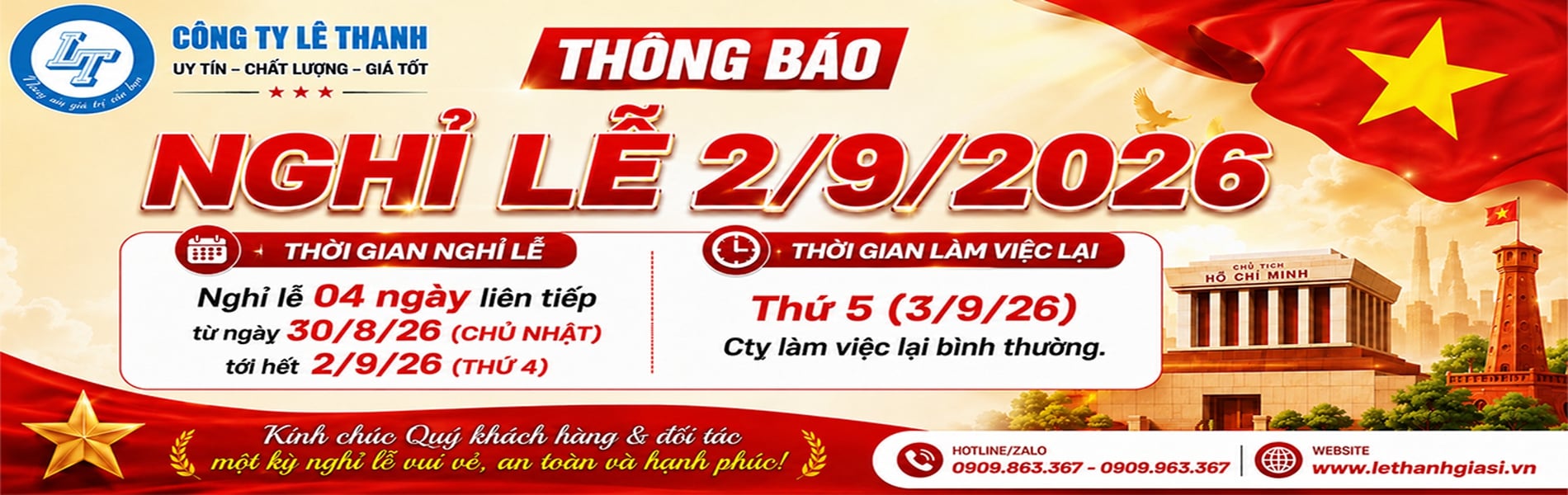 Thông báo nghỉ lễ 2/9/2026 công ty Lê Thanh