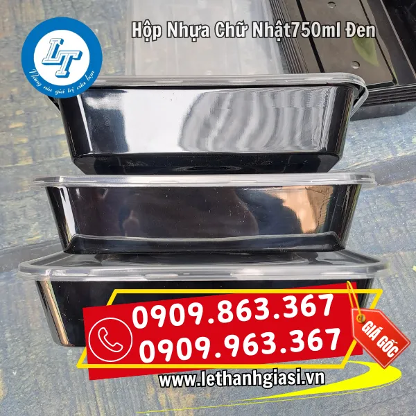 HỘP NHỰA CHỮ NHẬT PP 750ML ĐEN NẮP TRONG