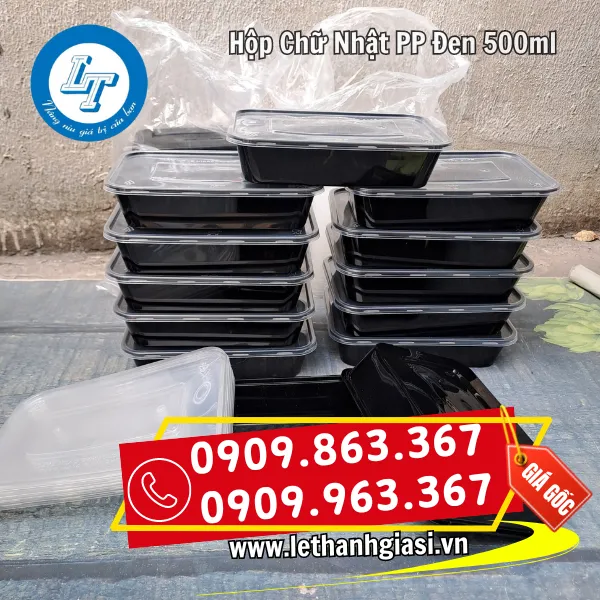 HỘP NHỰA CHỮ NHẬT PP 500ML ĐEN NẮP TRONG