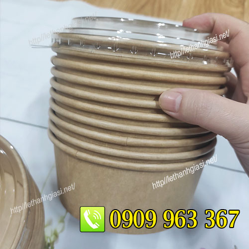 BÁN RẺ TÔ GIẤY 750ML CÓ NẮP ĐỰNG THỨC ĂN tô giấy kraft nắp nhựa PP