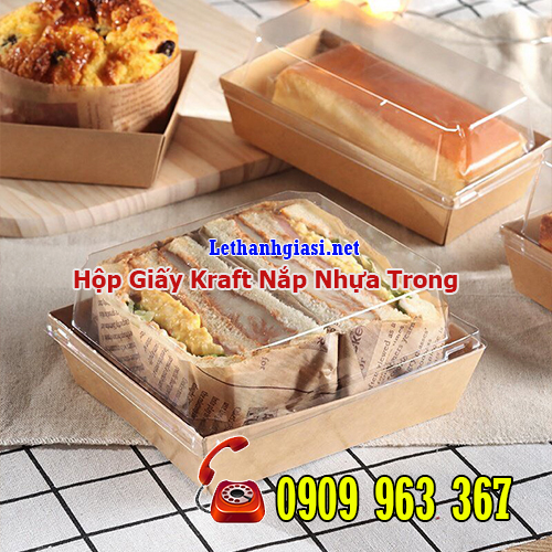 HỘP GIẤY KRAFT NẮP NHỰA TRONG Ở ĐÂU CÓ BÁN? khay giấy đựng bánh nắp nhựa