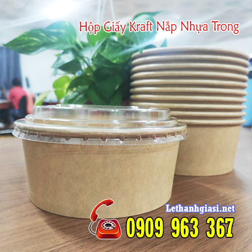 HỘP GIẤY KRAFT NẮP NHỰA TRONG Ở ĐÂU CÓ BÁN? tô giấy kraft nắp nhựa Pet