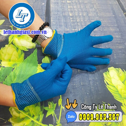 bao tay vải Poly mỏng xanh đậm viền vàng co giãn bao tay vải Poly mỏng xanh đậm viền vàng co giãn