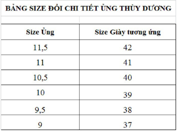 Bảng size ủng thùy dương xanh rêu đế vàng Bảng size ủng thùy dương xanh rêu đế vàng