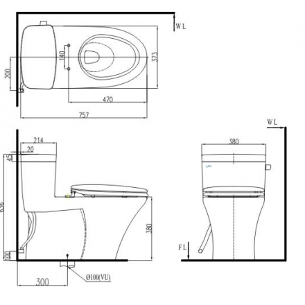 Bản vẽ kỹ thuật bàn cầu một khối AC-991VRN/BW1