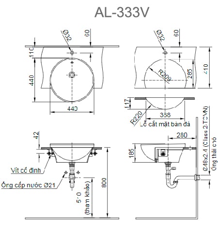Bản vẽ kỹ thuật chi tiết của chậu rửa bán âm bàn AL-333V/BW1