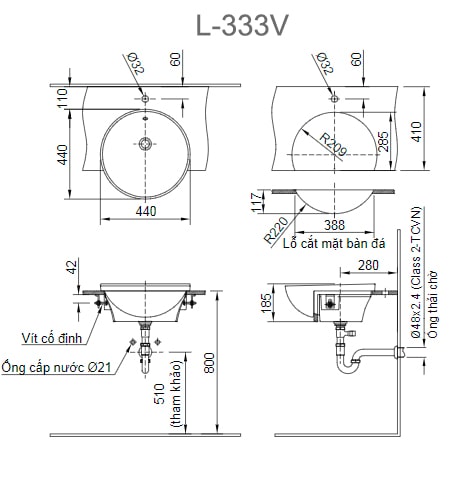 Bản vẽ kỹ thuật chi tiết chậu rửa bán âm bàn INAX L-333V