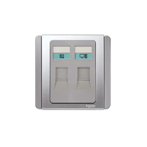 Tel Outlet + Data Cat5e Outlet W. Shutter Schneider Neo Series Grey Silver Color E3032TD_GS_G19