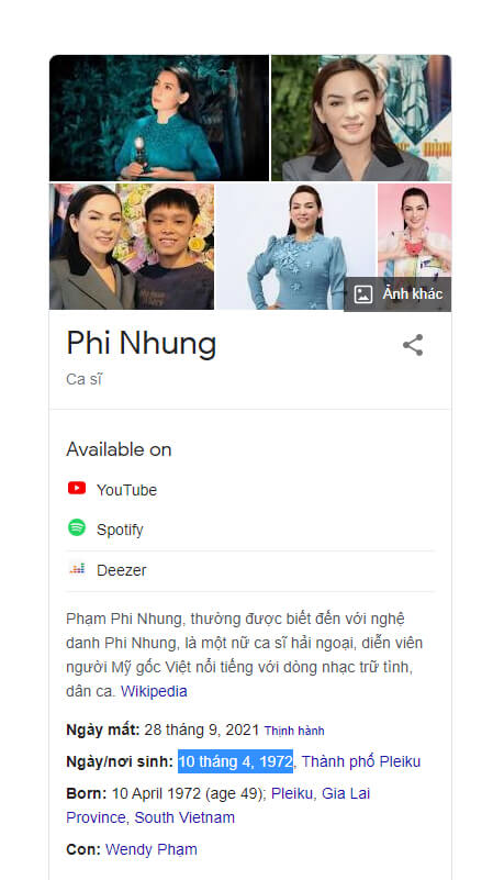Lá số tứ trụ Phi Nhung Lá số tứ trụ Phi Nhung
