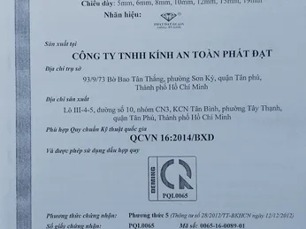 Chứng nhận kỹ thuật Công ty TNHH Kính An Toàn Phát Đạt