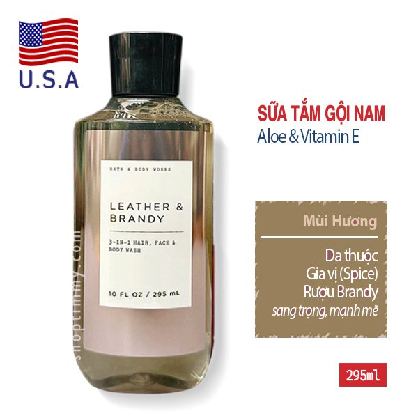 Sữa tắm gội đầu rửa mặt 3in1 cho nam Leather & Brandy mùi da thuộc sang trọng - Bath and Body Works 295ml - chính hãng Mỹ