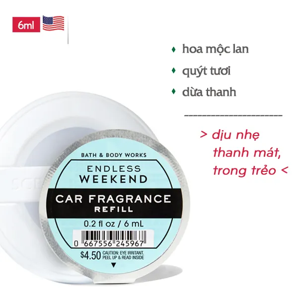Nước Hoa Tinh Dầu Khử Mùi Làm Thơm Xe Hơi Ô tô mùi ngọt | Endless Weekend - Bath & Body Works 6ml | chính hãng Mỹ