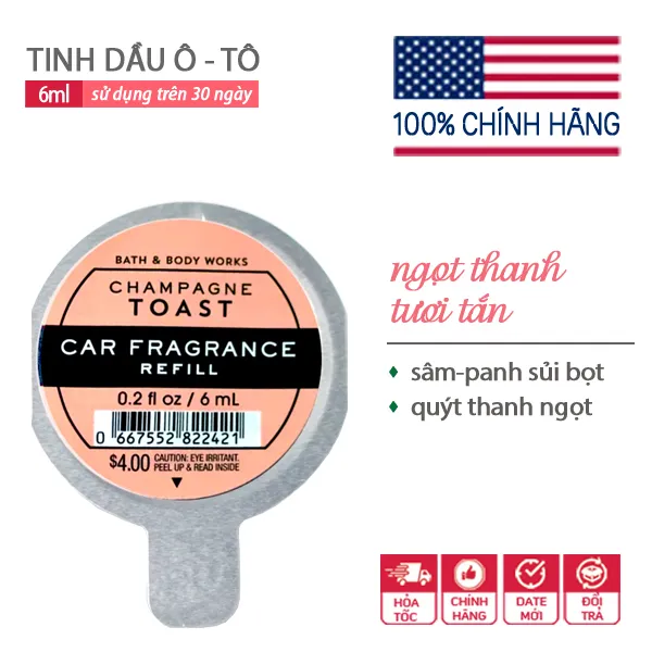 Nước Hoa Tinh Dầu Khử Mùi Làm Thơm Xe Hơi Ô tô mùi ngọt | Champagne Toast - Bath & Body Works 6ml | chính hãng Mỹ