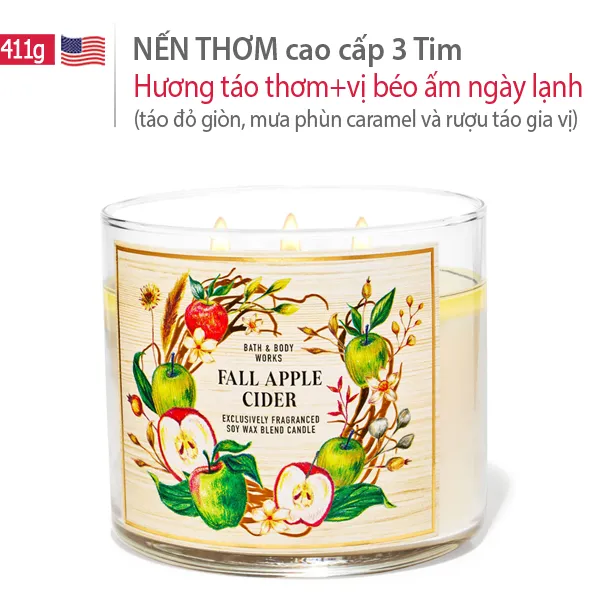 Nến Sáp Thơm Phòng FALL APPLE CIDER cao cấp 3 tim (411g) | hương hương thảo mộc thư giãn - Bath & Body Works | Chính hãng Mỹ