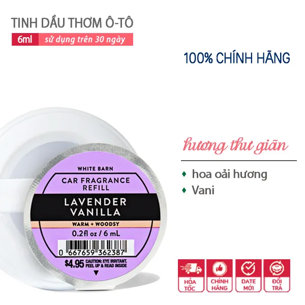 Nước Hoa Tinh Dầu Khử Mùi Làm Thơm Xe Hơi Ô tô Lavender Vanilla hương thư giãn - Bath & Body Works 6ml | Chính hãng Mỹ