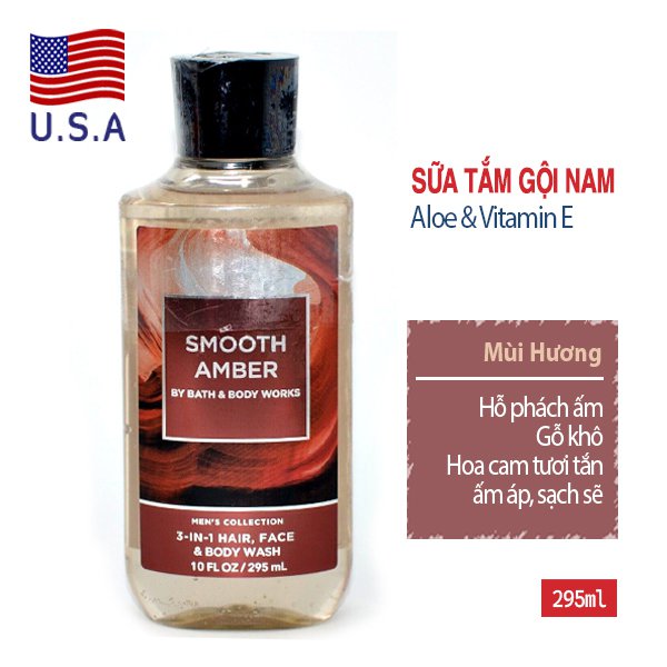 Sữa tắm gội đầu rửa mặt 3in1 cho nam Smooth Amber mùi ấm áp dịu nhẹ - Bath and Body Works 295ml - chính hãng Mỹ