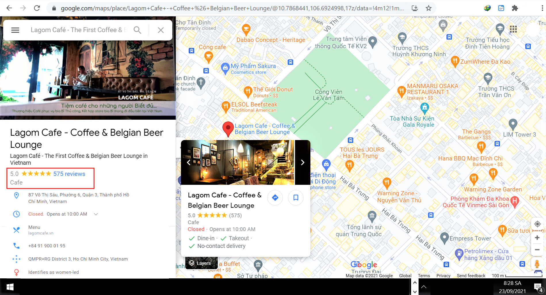 Ảnh chụp màn hình kết quả đánh giá Google maps địa điểm Lagom Café - Ngày 23.09.2021
