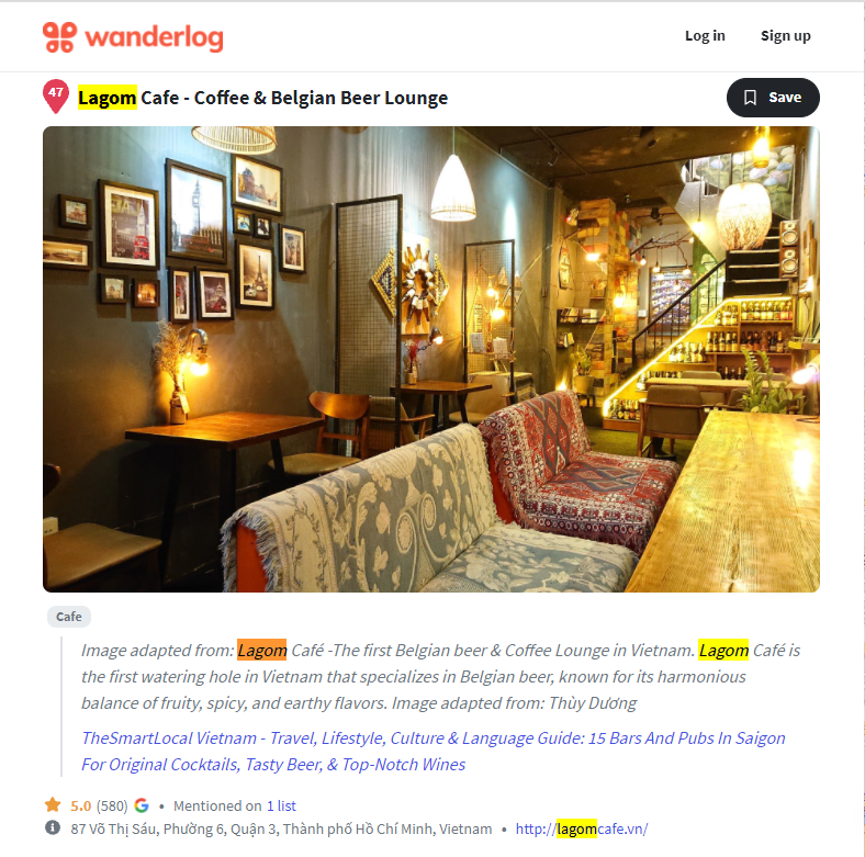 Wanderlog bình chọn Lagom Café là 1 trong những quán bar & đồ uống chất nhất thành phố Hồ Chí Minh