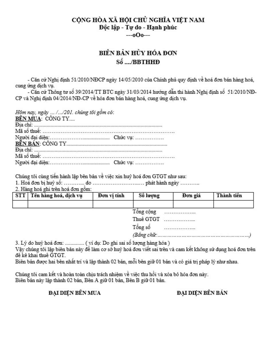 Thủ tục hủy hóa đơn