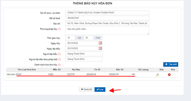 Danh sách Dải hóa đơn hủy sẽ bị hủy
