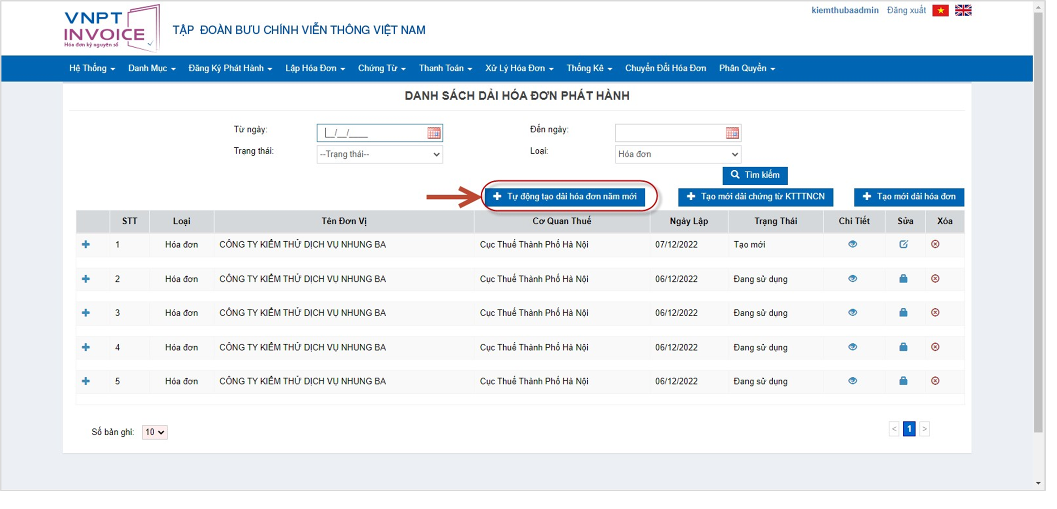 Thực hiện chọn nút “Tự động tạo dải hóa đơn năm mới