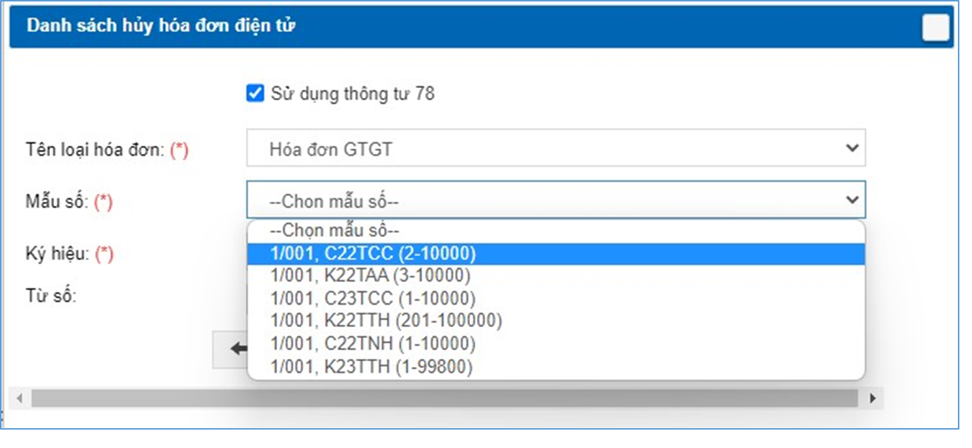 Giao hiện hiển thị các thông tin Mẫu số cần hủy