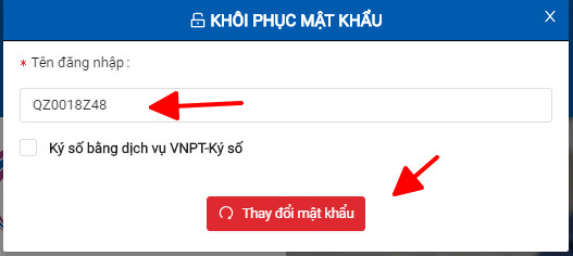 Quý khách nhập Tài khoản truy cập vào BHXH VNPT, Bấm Thay đổi mật khẩu