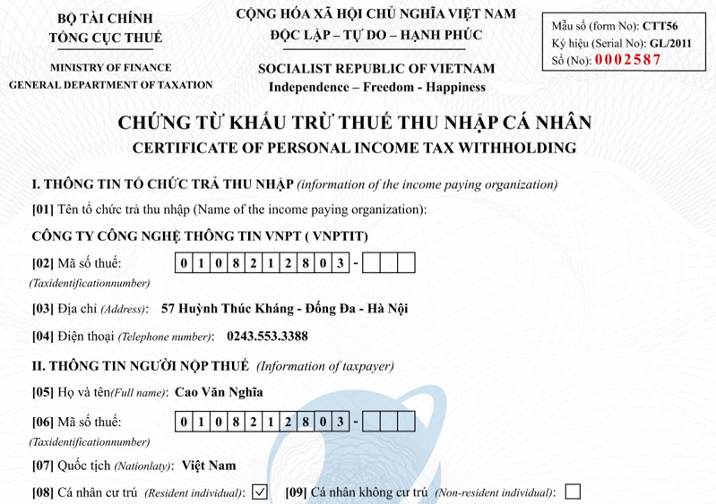 Mẫu và ký hiệu Chứng từ khấu trừ thuế TNCN điện tử