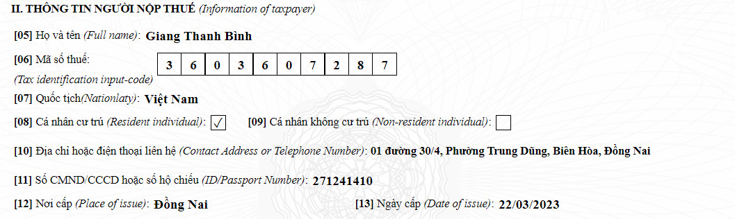 Mẫu nhập thông tin người nộp thuế Mẫu nhập thông tin người nộp thuế