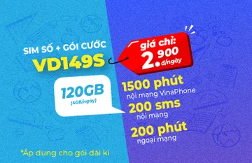 Gói cước Vina VD149S 12T trả trước tháng, 1.440GB, 1500 phút gọi,