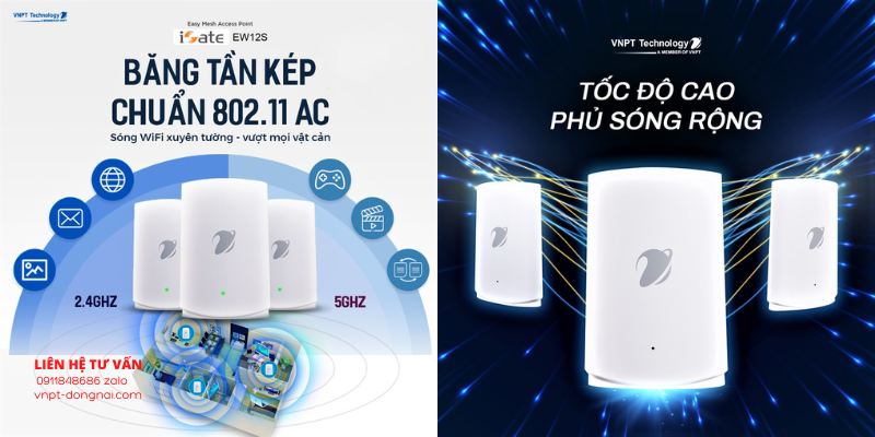 Thiết bị Wifi Mesh của VNPT có băng tần kép, chuẩn 802.11 AC, sóng Wifi xuyên tường, tốc độ phủ sóng rộng