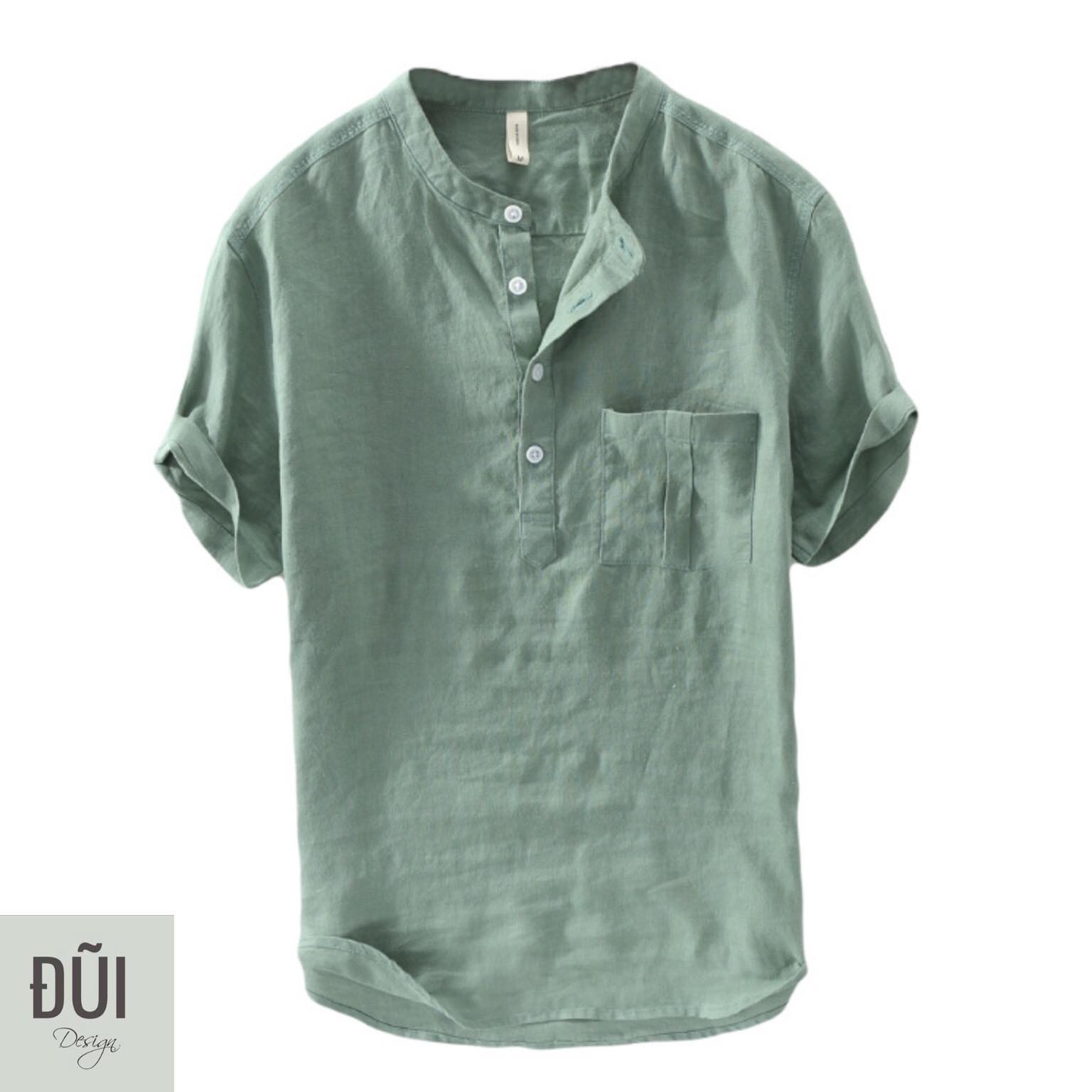 áo đũi nam cổ trụ cộc tay màu xanh lá - đũi design áo đũi nam cổ trụ cộc tay màu xanh lá - đũi design